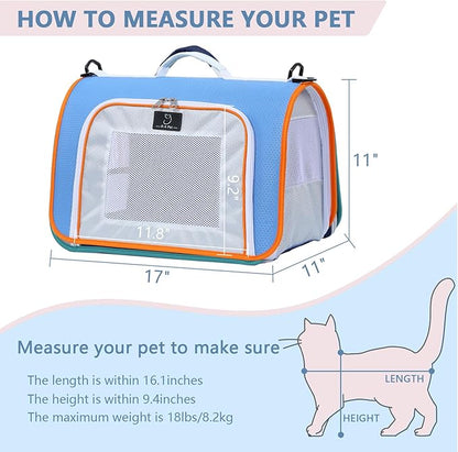 A4Pet Pet Carrier Airline Approved, Suitable for Cats, Puppies Under 18 lbs, Easy On The Go, Easy to Stow, Soft-Sided Pet Travel Carrier, 17" L x 11" W x 11" H, Blue & Orange