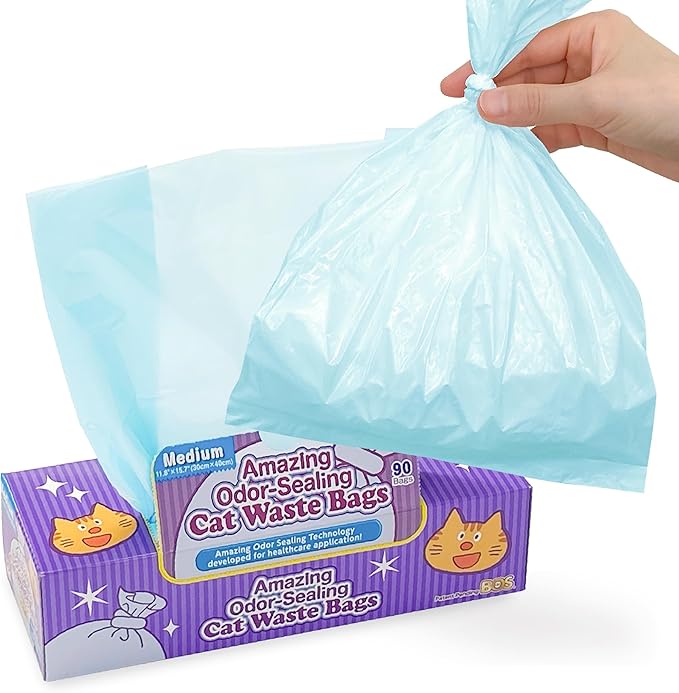 BOS Amazing Odor Sealing Cat Waste Disposal Bags - Durable and Unscented [Size: M, Color: Light blue] (90 count, Pack of 1) (90 Bags)
