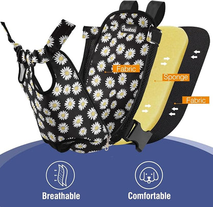 Pawaboo Pet Carrier Backpack, Adjustable Pet Front Cat Dog Carrier Backpack Travel Bag, Legs Out, Easy-Fit for Traveling Hiking Camping for Small Medium Dogs, Medium Size, Black Daisy