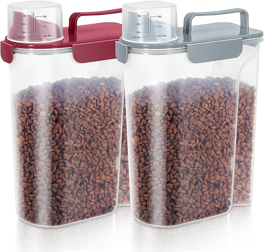 5-7Lbs Dog Cat Food Storage Container with Upgraded Large Nozzle BPA-free, 4 Snap Seals Plastic Pet Food Storage Containers with Handles (Gray Blue + Red, 5L-2pack)
