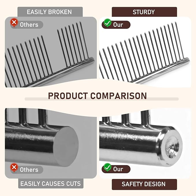 WRW Stainless Steel Dog Combs [4 Pcs], Groom Like a Professional, Coarse Pet Butter Comb for Dog ＆ Cat, Rounded Corners Prevent Friction and Breakage, 4 Sizes of Steel Teeth Fit Most Pet Fur