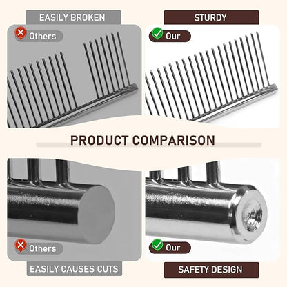 WRW Stainless Steel Dog Combs [4 Pcs], Groom Like a Professional, Coarse Pet Butter Comb for Dog ＆ Cat, Rounded Corners Prevent Friction and Breakage, 4 Sizes of Steel Teeth Fit Most Pet Fur