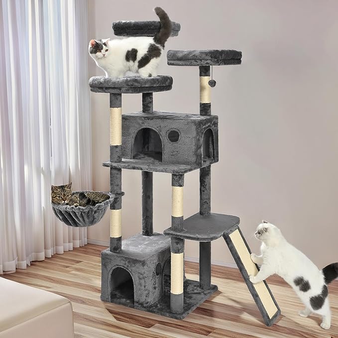 Amazon Basics 68-Inch Large Cat Tree Tower, Multi-Level Activity Center with 2 Large Condos, Multiple Sisal Scratching Posts and Hanging Pompoms, Gray