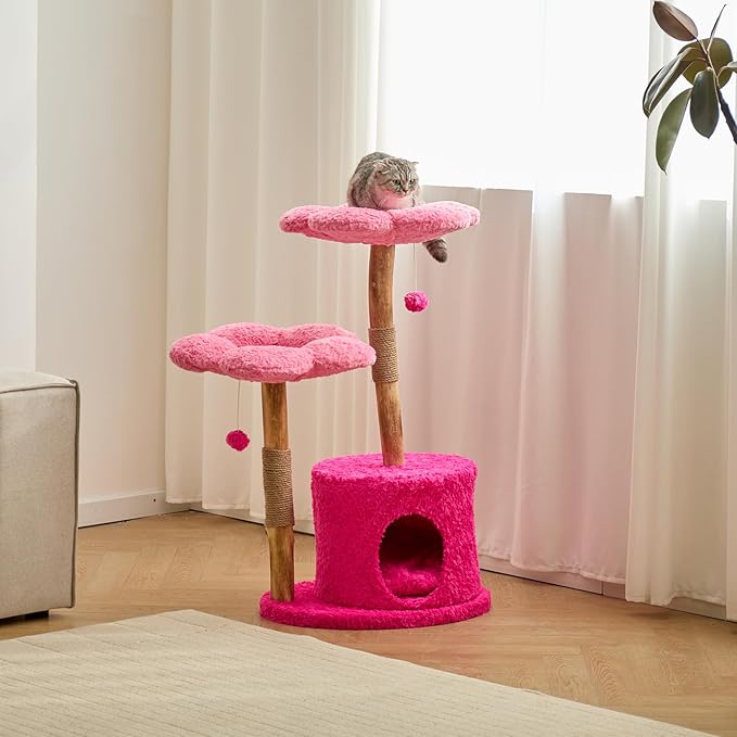 Modern Cat Tree Tower with Real Branch | Luxury Cat Condo for Large Cats | Wooden Cat Tower | Cat Scratching Tree for Cat Lover Gift （Pink ）