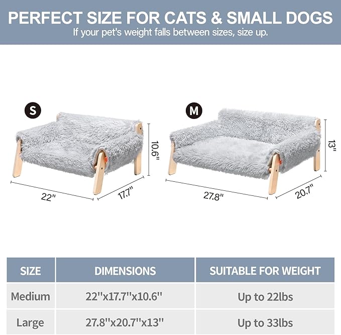 MEWOOFUN Cat Couch Bed, Pet Sofa for Indoor Cats Wooden Indoor Elevated Cat Beds with Removable Mattress Cover Suitable for Kitty, Puppy or Small Animal (Grey, Medium)