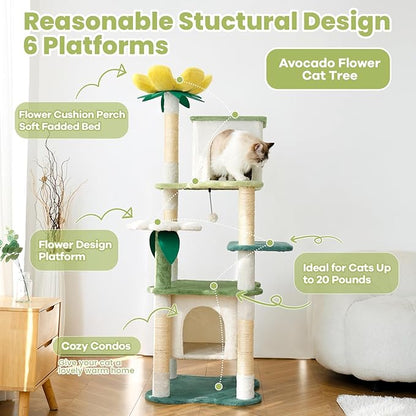 HYABi 64.5-Inch Cute Avocado Flower Large Tall Garden Cat Tree Tower Condo House Furniture Bed Plush Ball Activity Platform Multi-Level with Scratching Posts for Indoor Cats Play