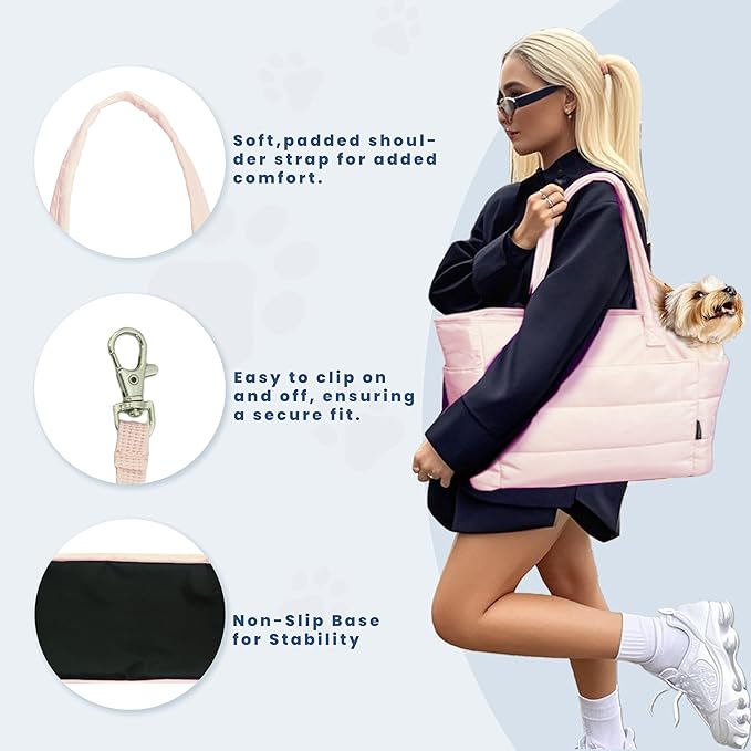 Lightweight Dog Purse Carrier for Small Dogs Under 15 lbs, Puffy Quilted Pet Carrier Tote for Puppies with Safety Leash Clip, Women's Hands-Free Dog Carrier Bag for Travel/Shopping (Pink)