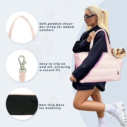 Lightweight Dog Purse Carrier for Small Dogs Under 15 lbs, Puffy Quilted Pet Carrier Tote for Puppies with Safety Leash Clip, Women's Hands-Free Dog Carrier Bag for Travel/Shopping (Pink)