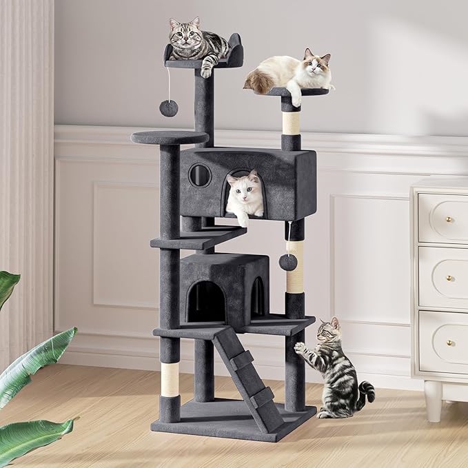 MoNiBloom 60 Inch Cat Tree Tower for Indoor Cats Large Adults, Cat Tower with Scratching Post, Multi-Level Furniture Activity Center with Cat Condo Pet Play House, Smoky Grey