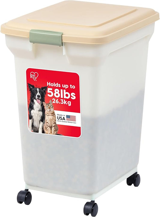 IRIS USA WeatherPro Airtight Dog Food Storage Container, Up to 58 lbs, Attachable Wheels, For Dog Cat Bird and Other Pet Food Storage Bin, Keep Fresh, Translucent Body, Pearl/Almond