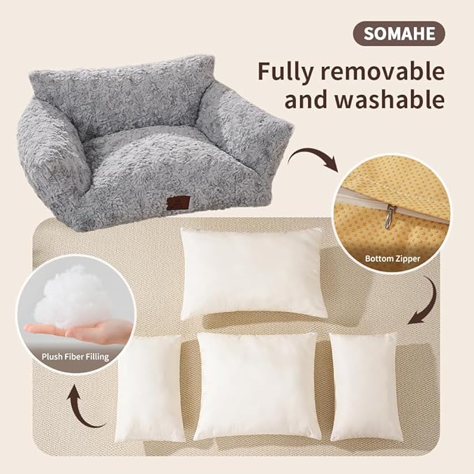 Cat Couch Beds Cat Bed for Indoor Cats Washable Dog Beds for Small Dogs & Cats with Removable Cover Fluffy Sofa with Non-Slip Bottom (18.0" L X 24.0" W X 10.0" Th) Grey