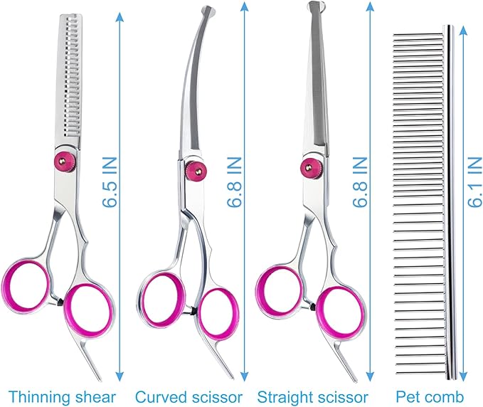 5 in 1 Premium Dog Grooming Scissors, Professional Dog Scissors for Grooming with Safety Round Tips, Lengnoyp Stainless Steel Thinning Shears, Pet Cat Shears for Grooming Kit, Pink