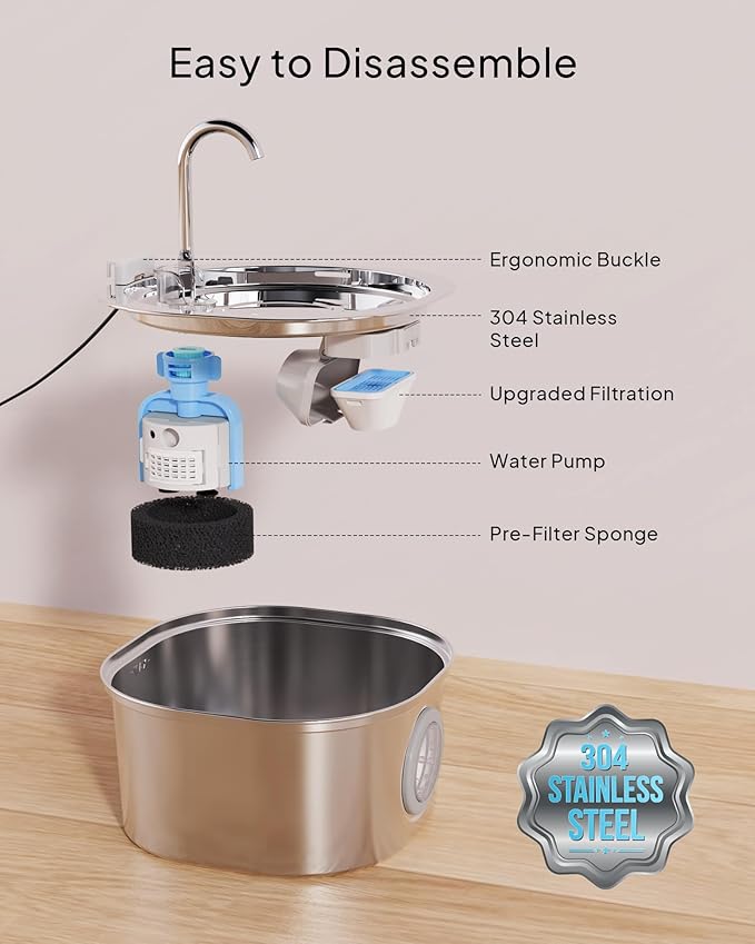 PEKTACO Cat Water Fountain Stainless Steel, 3.2L/108oz Cat Water Dispenser with Quiet Water Pump and Water-Level Window, Dishwasher Safe Pet Drinking Fountain for Cats Indoor with Replacement Filter