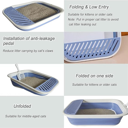 Senior Cat Litter Boxes, Collapsible Open Low Entry Cat Litter Pan with Scoop Travel Kitty Potty Pan Foldable Pet Toilet for Sick Disabled Older Elderly Cats 20.9x15.7x5.7 inch