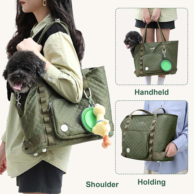 Pecute Dog Purse Carrier, Dog Carrier with Pockets for Small Dogs, Fits Dogs 5.5 lbs to 11 lbs, Cat and Puppies Tote Bag, Outing, Travel, Vet, Green