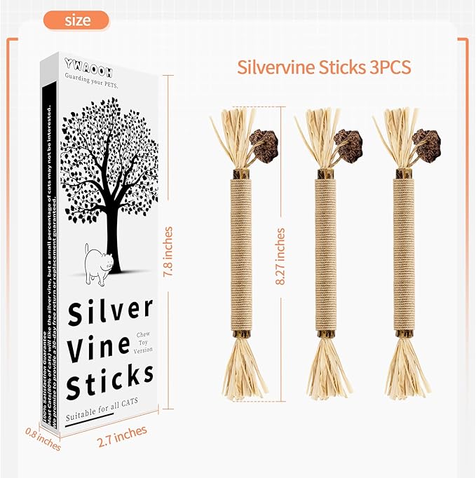 3 Pack Silvervine Sticks Cat Toys, 100% Natural Kitten Teething Chew Toys, Catnip Toys for Kittens & Cats, Cat Approved Gift, Protects Furniture