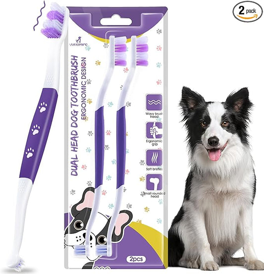 Dog Toothbrush – Newly Upgraded Dual-Head Design with 60° Wavy Bristles–Gently Surrounds Teeth for Deep Cleaning and Plaque Removal – Non-Slip Handle, Ideal for Daily Pet Dental Care (Purple, 2-Pack)