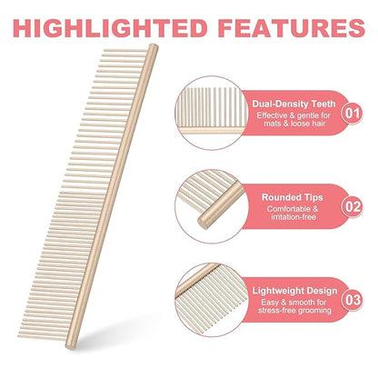 Dog Cat Comb, Pet Combs Stainless Steel Teeth with Rounded Ends for Knots Mats Loose Hair Removal, 6.5/7.5IN (Gold Coated, 2 Pack), Grooming Tool Intended for Long Curly Hair Pet