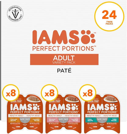 IAMS Perfect Portions Adult Wet Cat Food Pate, Chicken, Salmon, and Tuna Recipe Variety Pack, 2.6 oz. Easy Peel Twin-Pack Trays (24 Count, 48 Servings)