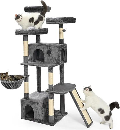 Amazon Basics 68-Inch Large Cat Tree Tower, Multi-Level Activity Center with 2 Large Condos, Multiple Sisal Scratching Posts and Hanging Pompoms, Gray