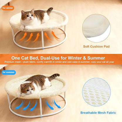 Elevated Cat Hammock Bed - 66LBS Weight Capacity Cat Bed for Large Indoor Cats & Small Dogs, All-Season Plush & Breathable Mesh Mat, Raised Pet Supplies with Sturdy Metal Frame, Cream White