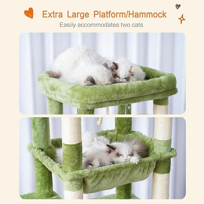 Heybly Cat Tree for Large Cats 20lbs Heavy Duty,60 inches XXL Cat Tower for Indoor Cats, Multi-Level Furniture Condo with Big Padded Plush Perch, Cozy Basket, Green HCT050GR
