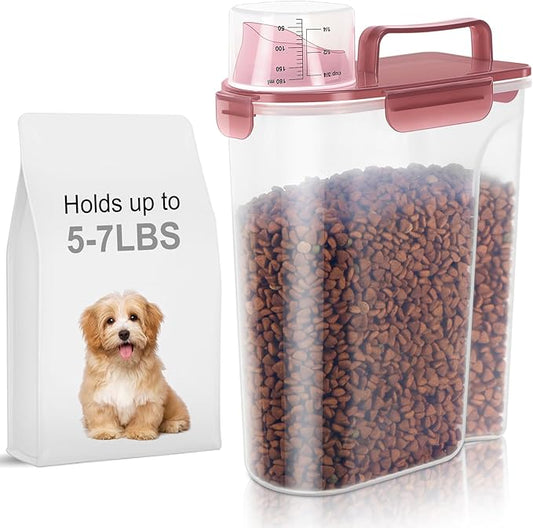 5-7Lbs Dog Cat Food Storage Container with Upgraded Large Nozzle BPA-free, 4 Snap Seals Plastic Pet Food Storage Containers with Handles (Clear Pink, 5L-1pack)