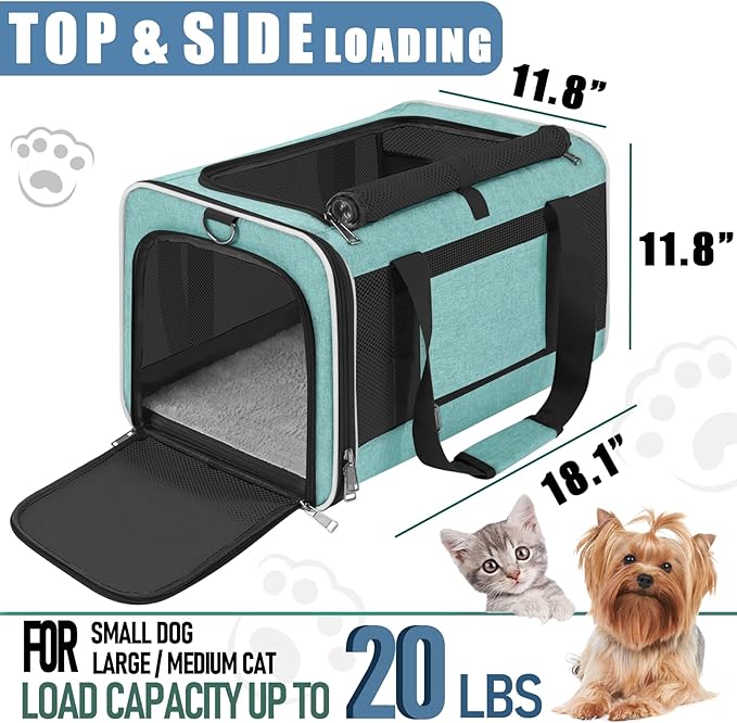 Soft Cat Carrier Large Cat 20 lbs/Kitty Cat Travel Crate for Pet Top Load/Small Dog Sturdy Transport Fabric Carry Bag 10 Pounds/Yorkie Kennel with Pocket Teal Aqua