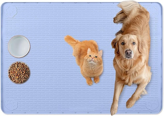 Bartuke Cat Food Mat, 34" x 22" Large Silicone Pet Feeding Mat for Food and Water Bowls Non-Slip, Easy to Clean (Blue)