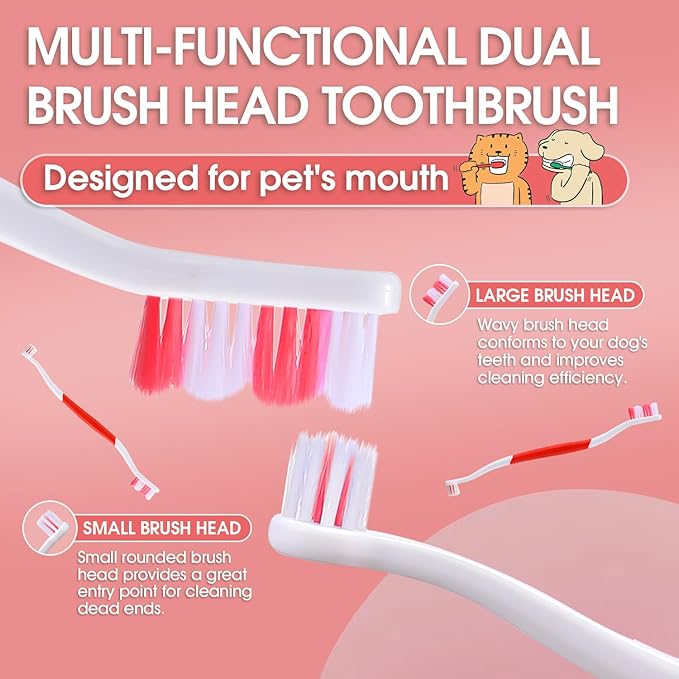 Dog Toothbrush – Newly Upgraded Dual-Head Design with 60° Wavy Bristles – Gently Surrounds Teeth for Deep Cleaning and Plaque Removal – Non-Slip Handle, Ideal for Daily Pet Dental Care (Red, 2-Pack)