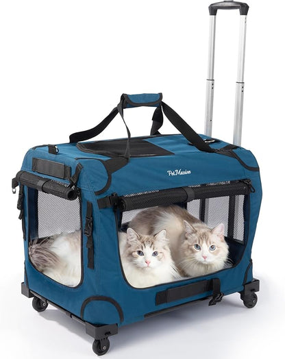 Extra Large Rolling Cat Carrier with Wheels, Soft Sided Pet Dog Carrier on Wheels for Big Cat 20lbs+ 2 Cats, Car Travel Portable XL Wheeled Bag 25"x16.5"x20.5"