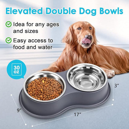 Dog Bowls Large Double Dog Water and Food Bowls Stainless Steel Bowls with Non-Slip Resin Station, Pet Feeder Bowls Food Dish for Small Medium Large Dogs Cats