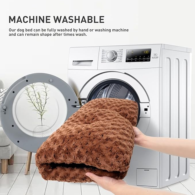 KSIIA Washable Dog Bed Deluxe Plush Dog Crate Beds Comfy Kennel Pad Anti-Slip Pet Sleeping Mat for Large, Jumbo, Medium, Small Dogs Breeds, 35" x 23", Brown