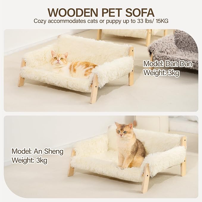 MEWOOFUN Cat Couch Bed, Pet Sofa for Indoor Cats Wooden Indoor Elevated Cat Beds with Removable Mattress Cover Suitable for Kitty, Puppy or Small Animal (Beige, Large)