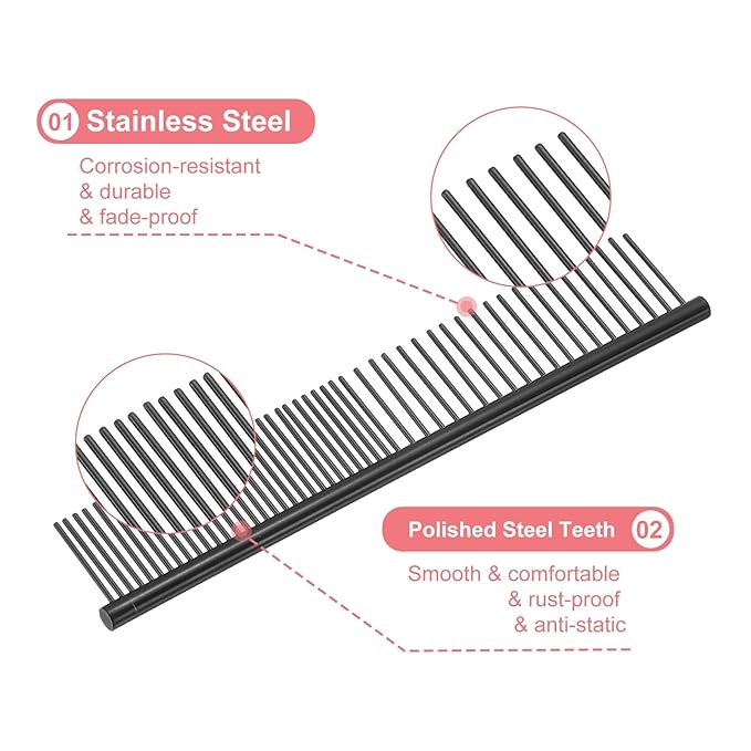 Dog Cat Comb, Pet Combs Stainless Steel Teeth with Rounded Ends for Knots Mats Loose Hair Removal, 6.5IN (Black Coated, 3 Pack), Grooming Tool Intended for Long Curly Hair Pet