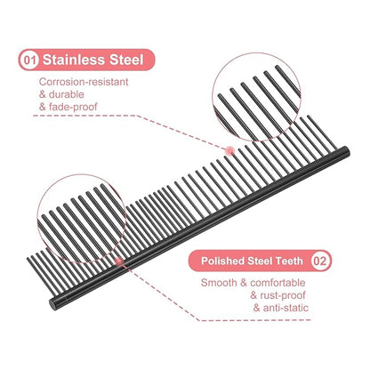 Dog Cat Comb, Pet Combs Stainless Steel Teeth with Rounded Ends for Knots Mats Loose Hair Removal, 6.5IN (Black Coated, 3 Pack), Grooming Tool Intended for Long Curly Hair Pet