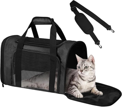 Cat Carrier Soft for Pets Up to 15 Lbs, Cat Travel Bag Soft-Sided with Padded Shoulder Strap, Pet Dog Carriers for Small Dogs Travel Puppy Carry Airline Approved, Black