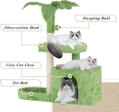 Athena Collection Small Cat Tree Tower with Scratching Post, 32 Inch Modern Cute Cat Tree Condo with Cozy Perch Haing Ball Green Leaves for Kittens Indoor Playing, Light Green