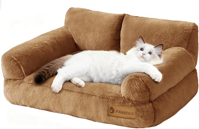 Cat Couch Bed - Cat Bed for Indoor Cats, Calming Pet Sofa Puppy Sleeping Bed with Removable Washable Cover, Cute Dog Couch and Kitty Lounge Chair for 12lbs Cats & Small Dogs(Brown)