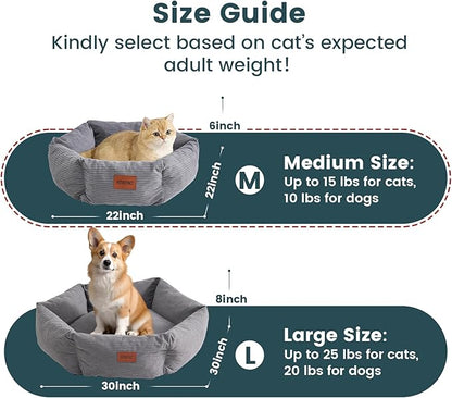 Petinstinct Cat Bed, 22 Inch Washable Corduroy Cat and Small Dog Bed with Removable Cover & Anti-Slip Bottom, Calming Comfort Pet Bed for Pets up to 15 lbs (Gray)