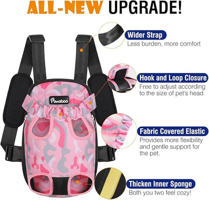 Pawaboo Pet Carrier Backpack, Adjustable Pet Front Cat Dog Carrier Backpack Travel Bag, Legs Out, Easy-Fit for Traveling Hiking Camping for Small Medium Dogs, Medium Size, Pink Camouflage