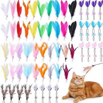 60 Pcs Cat Wand Feather Toys Refill Colorful Cat Wand Replacement Feathers Toy for Interactive Kitten Fishing Pole Feather Attachments with Bells for Indoor Stray Cats to Exercise and Play