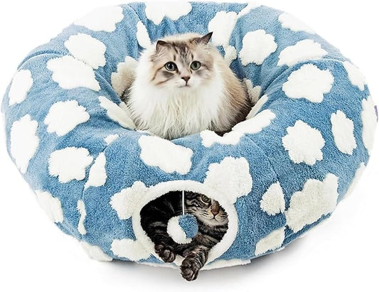 Cat Tunnel Bed with Washable Cushion for Indoor Cat, Donut Cave Tube Toys for Kitten Puppy Rabbit, Blue