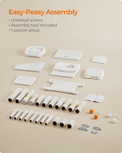 Feandrea Cat Tree, 61-Inch Cat Tower for Indoor Cats, Plush Multi-Level Cat Condo with 5 Scratching Posts, 2 Perches, 2 Caves, Hammock, 2 Pompoms, Cream White UPCT192T01