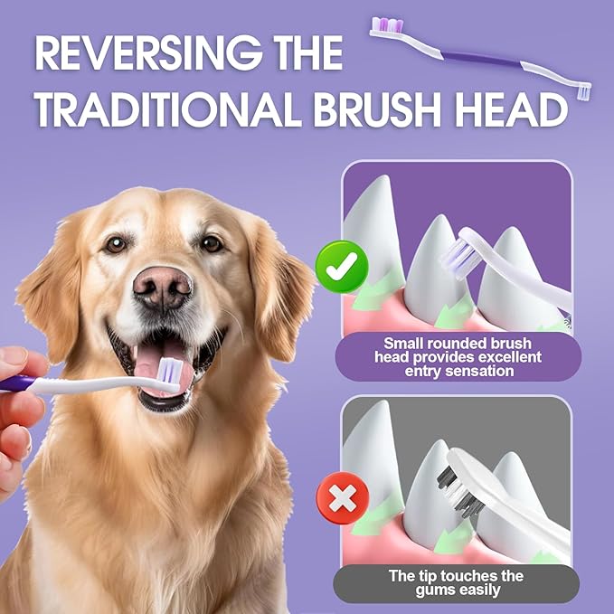 Dog Toothbrush – Newly Upgraded Dual-Head Design with 60° Wavy Bristles–Gently Surrounds Teeth for Deep Cleaning and Plaque Removal – Non-Slip Handle, Ideal for Daily Pet Dental Care (Purple, 2-Pack)
