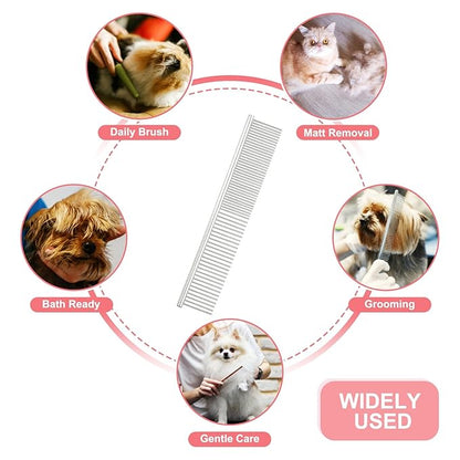 Dog Cat Comb, Pet Combs Stainless Steel Teeth with Rounded Ends for Knots Mats Loose Hair Removal, 6.5/7.5IN (Silver, 2 Pack), Grooming Tool Intended for Long Curly Hair Pet