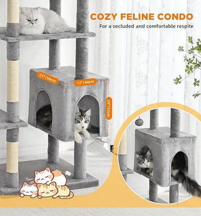 Made4Pets Tall Cat Tree, 71 Inches Cat Tree Tower for Indoor Cats Large Adult, Plush Multi-Level Cat Tower with 5 Scratching Posts, 2 Hammock, Condo and Perch, Big Cat House Indoor, Grey