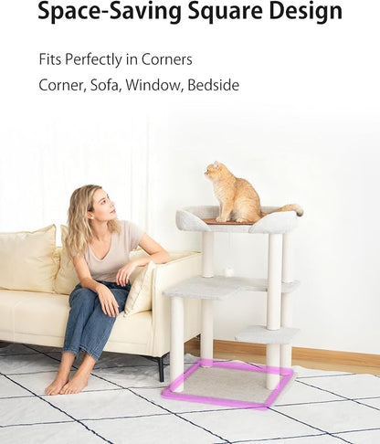 Cat Tree Tower Wooden 37.4''(95 cm), Large Cat Tree with Jump Platform & Play Ball for Indoor Cats, Ideal Cat's Climbing Frame & Playhouse (Linen Fabric Light Grey)