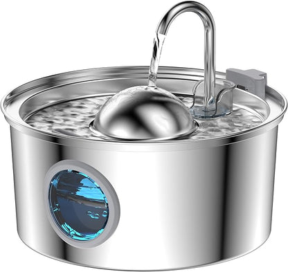 AONBOY Cat Water Fountain Stainless Steel, 108oz/3.2L Cat Fountain, Pet Water Fountain with Water Level Window, Hemispherical Shape, Multi-Filter, Silent Pump, Water Tap, Provides Flowing Water