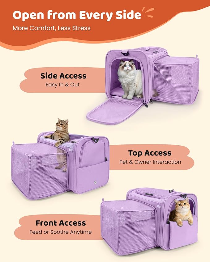 MIDOG Cat Carrier Soft, TSA Approved Airline Travel Carrier for Cats and Small Dogs, Under Seat Pet Bag with Expandable Space & Escape-Proof Zippers (Lavender)